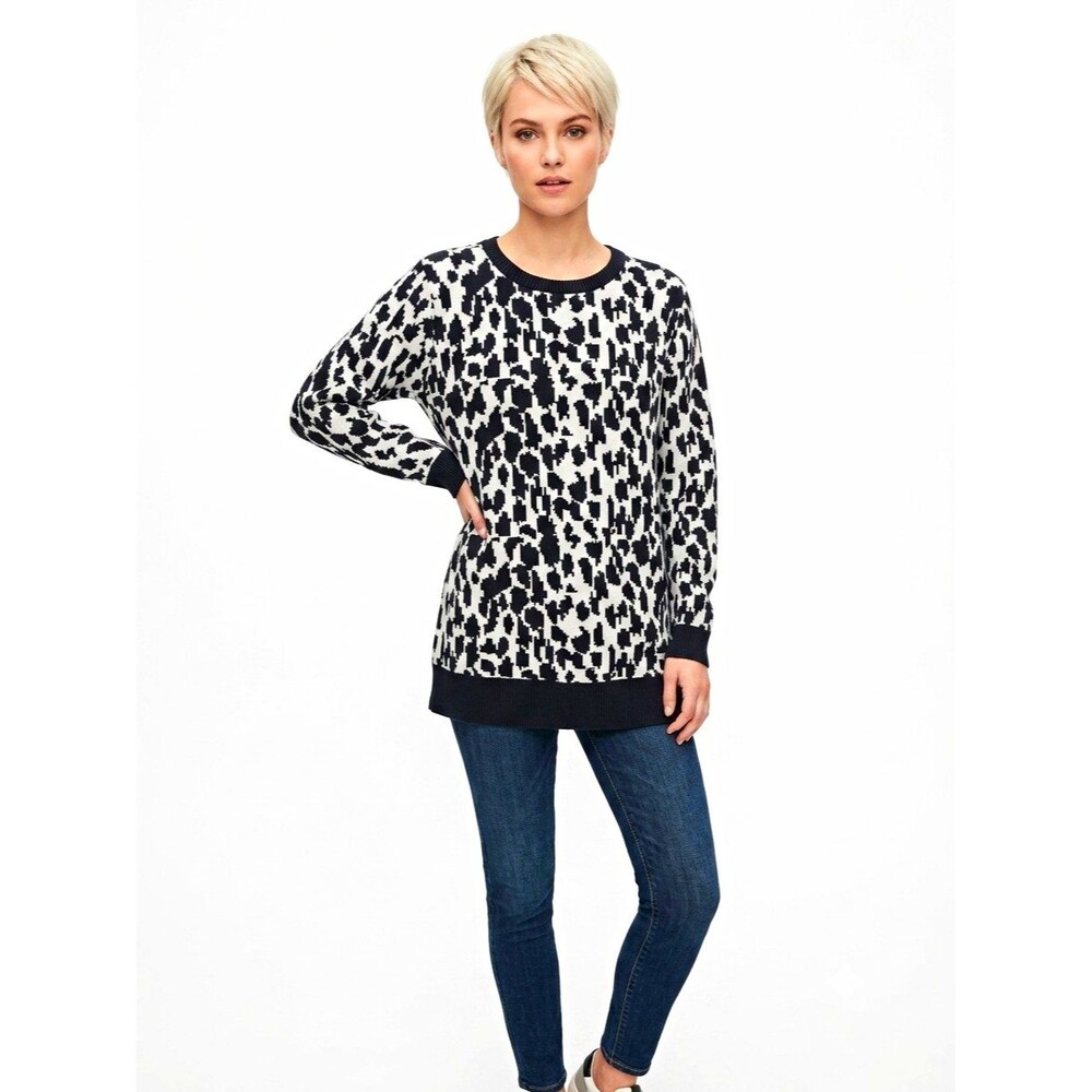 Karen Kane Womens 1X Black Houndstooth Knit Crewneck Pullover Tunic Sweater LS
